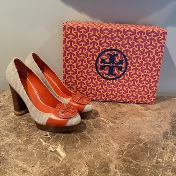 Tory Burch Shoes - Tory Burch Stevie Jet VINTAGE Platform Heels Orange & Linen – Sz 7